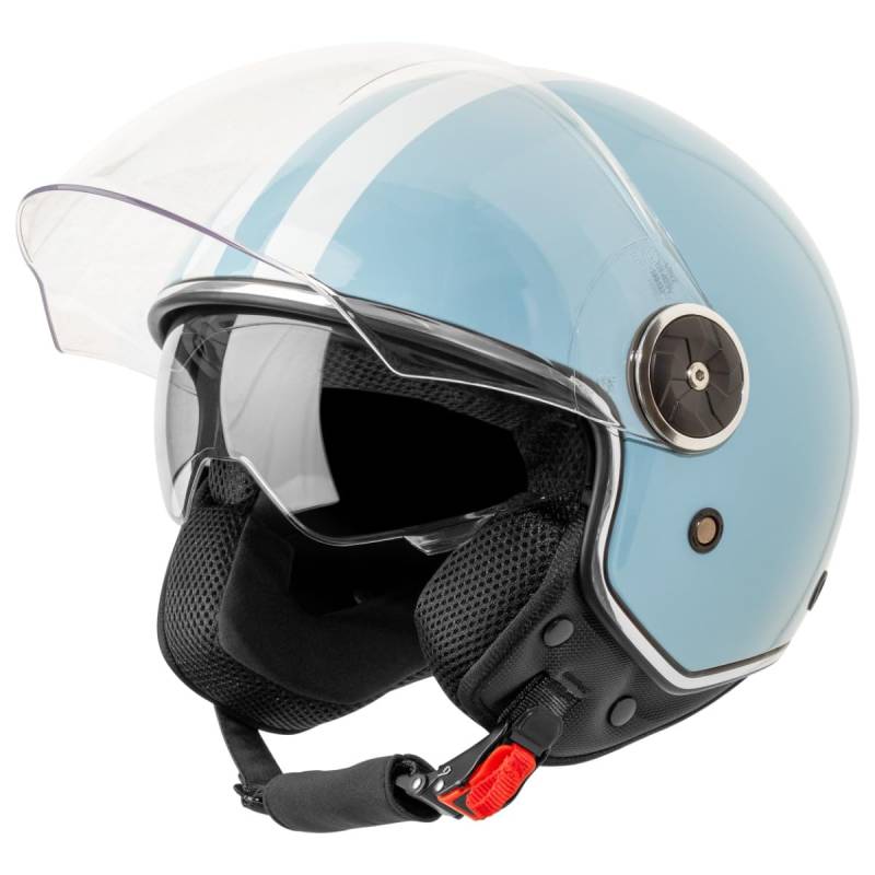 VINZ Arenas Jethelm mit Doppelvisier | Roller Helm Fashionhelm mit Streifen | In Gr. XS-XXL | Jet Helm mit Sonnenblende | ECE 22.06 Zertifiziert | Motorradhelm mit Visier - Hellblau von Vinz