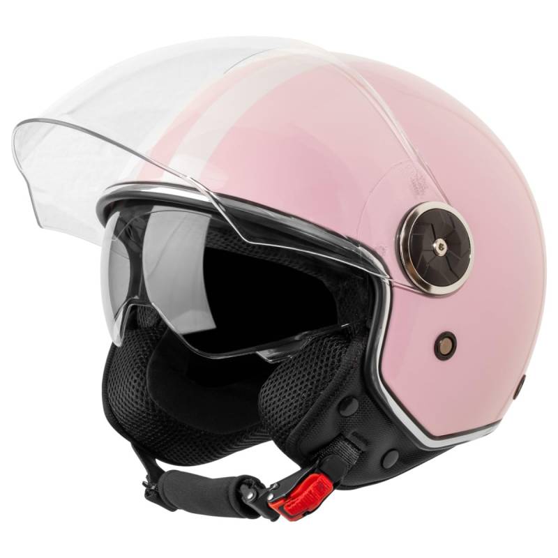 VINZ Arenas Jethelm mit Doppelvisier | Roller Helm Fashionhelm mit Streifen | In Gr. XS-XXL | Jet Helm mit Sonnenblende | ECE 22.06 Zertifiziert | Motorradhelm mit Visier - Rosa von Vinz