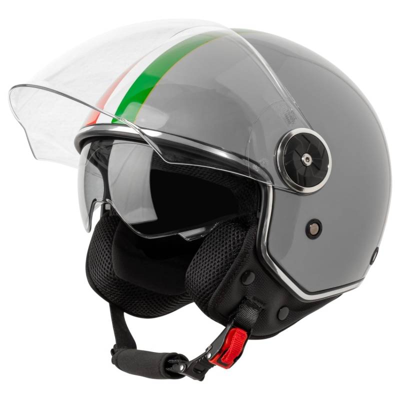 VINZ Neiva Jethelm mit Doppelvisier | Roller Helm Fashionhelm mit Italienische Flagge | In Gr. XS-XXL | Jet Helm mit Sonnenblende | ECE 22.06 Zertifiziert | Motorradhelm mit Visier – Grau von Vinz