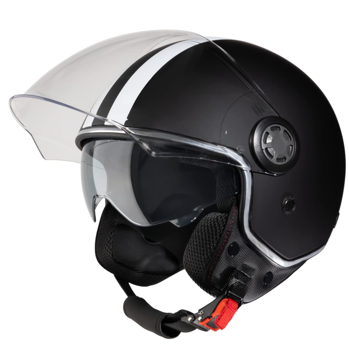 VINZ Parchi Jethelm mit Doppelvisier | Roller Helm Fashionhelm mit Streifen | In Gr. XS-XXL | Jet Helm mit Sonnenblende | ECE 22.06 Zertifiziert | Motorradhelm mit Visier - Mattschwarz von Vinz