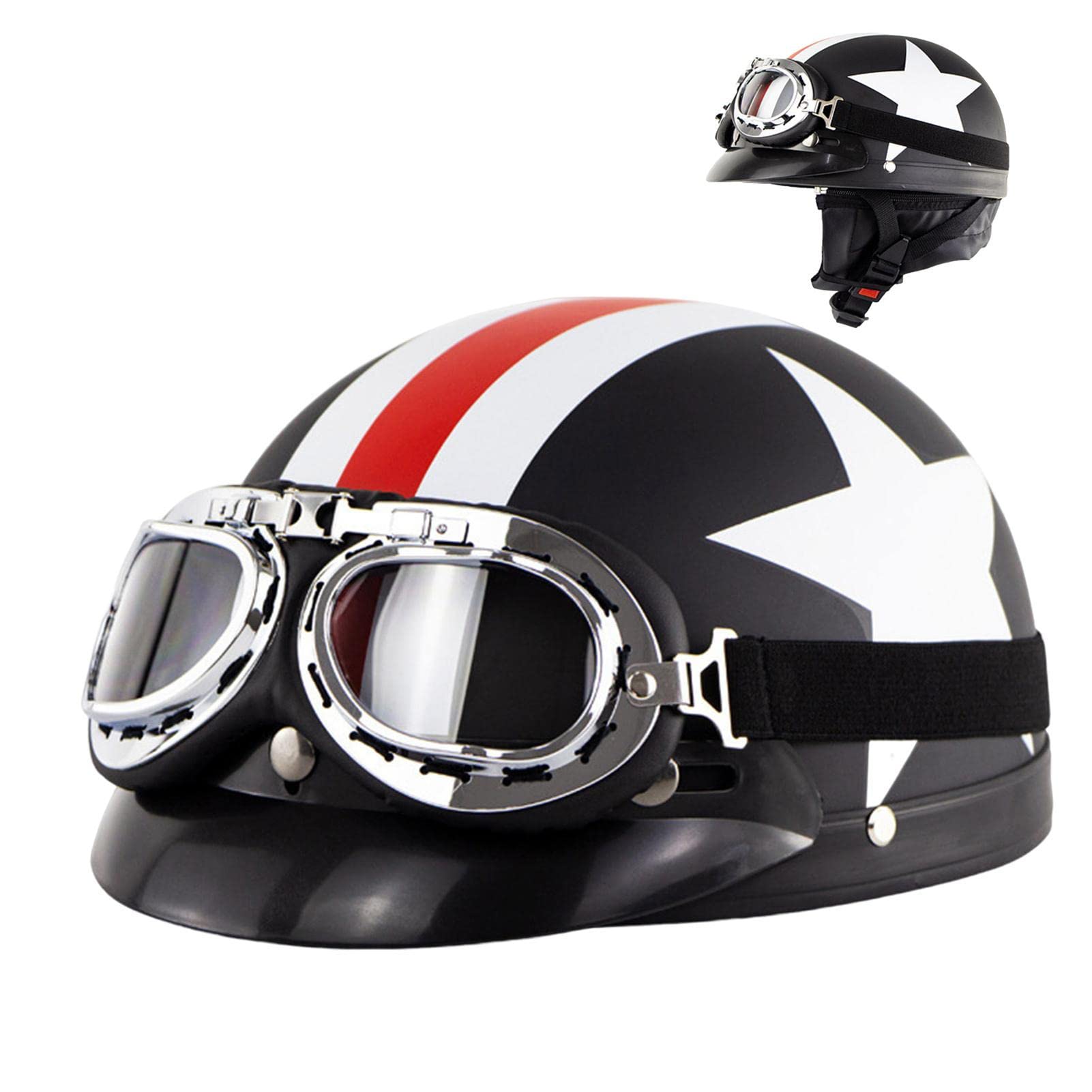 Motorrad-Halbhelm Leder-Halbhelm mit Schutzbrille Retro-Fahrrad-Halbschalenhelm für Erwachsene Männer Frauen Verstellbarer Schnellverschluss-Helm mit UV-Brille von Visiblurry