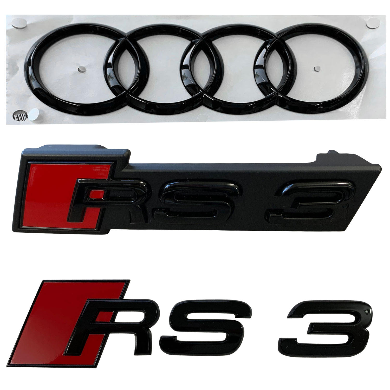 Original Audi RS3 Black Edition PAKET Schwarz Emblem Kühlergrill + Heck + Ringe von Volkswagen AG