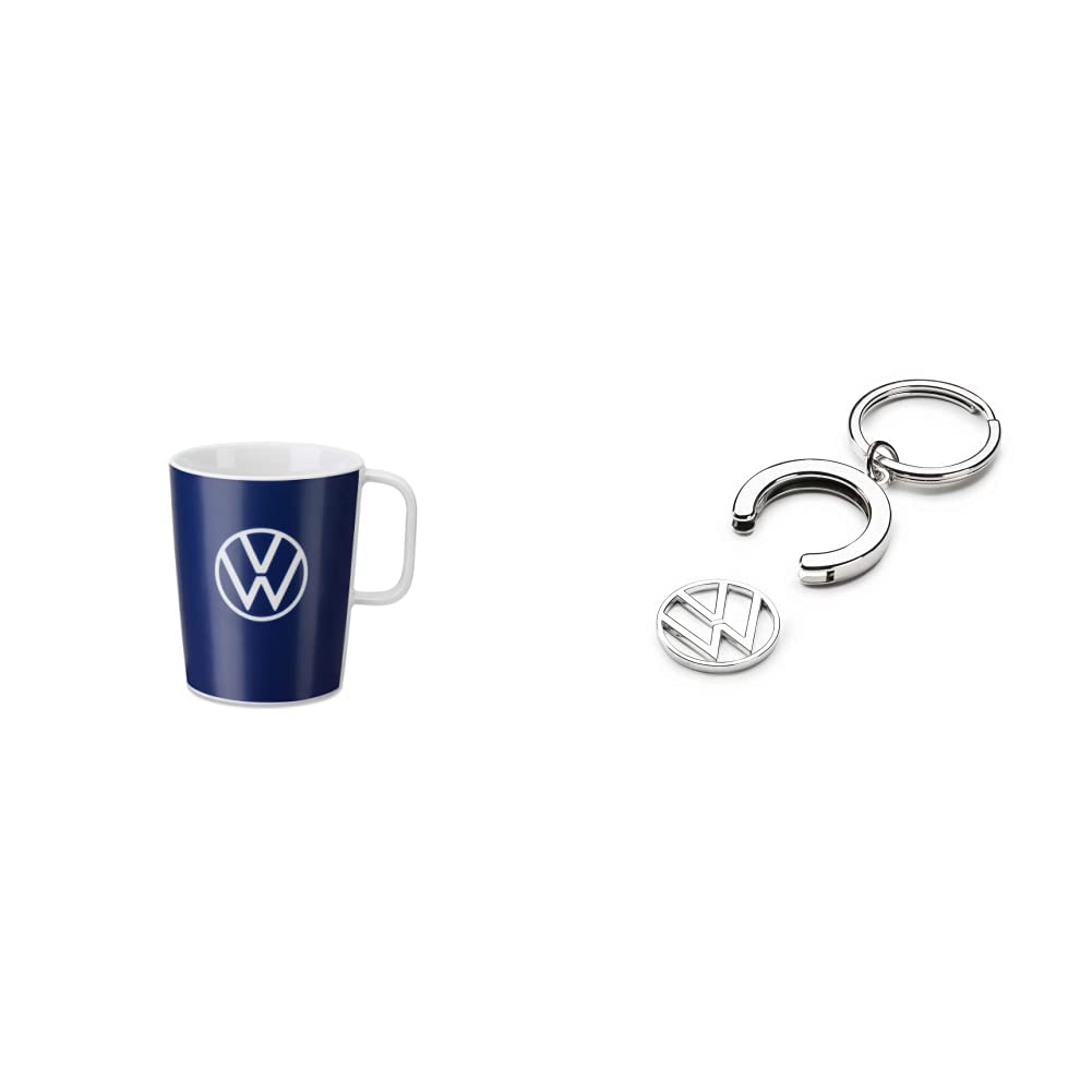 Volkswagen 000069601BR Tasse Becher Kaffeetasse Logo Porzellan blau, mit VW Logo & 000087010BT Schlüsselanhänger Pfandchip Einkaufswagenchip Keyring Anhänger, mit neuem VW Logo von Volkswagen