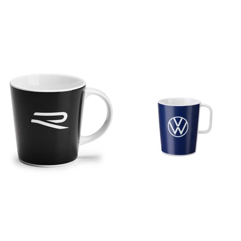 Volkswagen 5H6069601 Porzellantasse Becher R-Design Tasse Henkelbecher Kaffeetasse, schwarz/weiß & 000069601BR Tasse Becher Kaffeetasse Logo Porzellan blau, mit VW Logo von Volkswagen