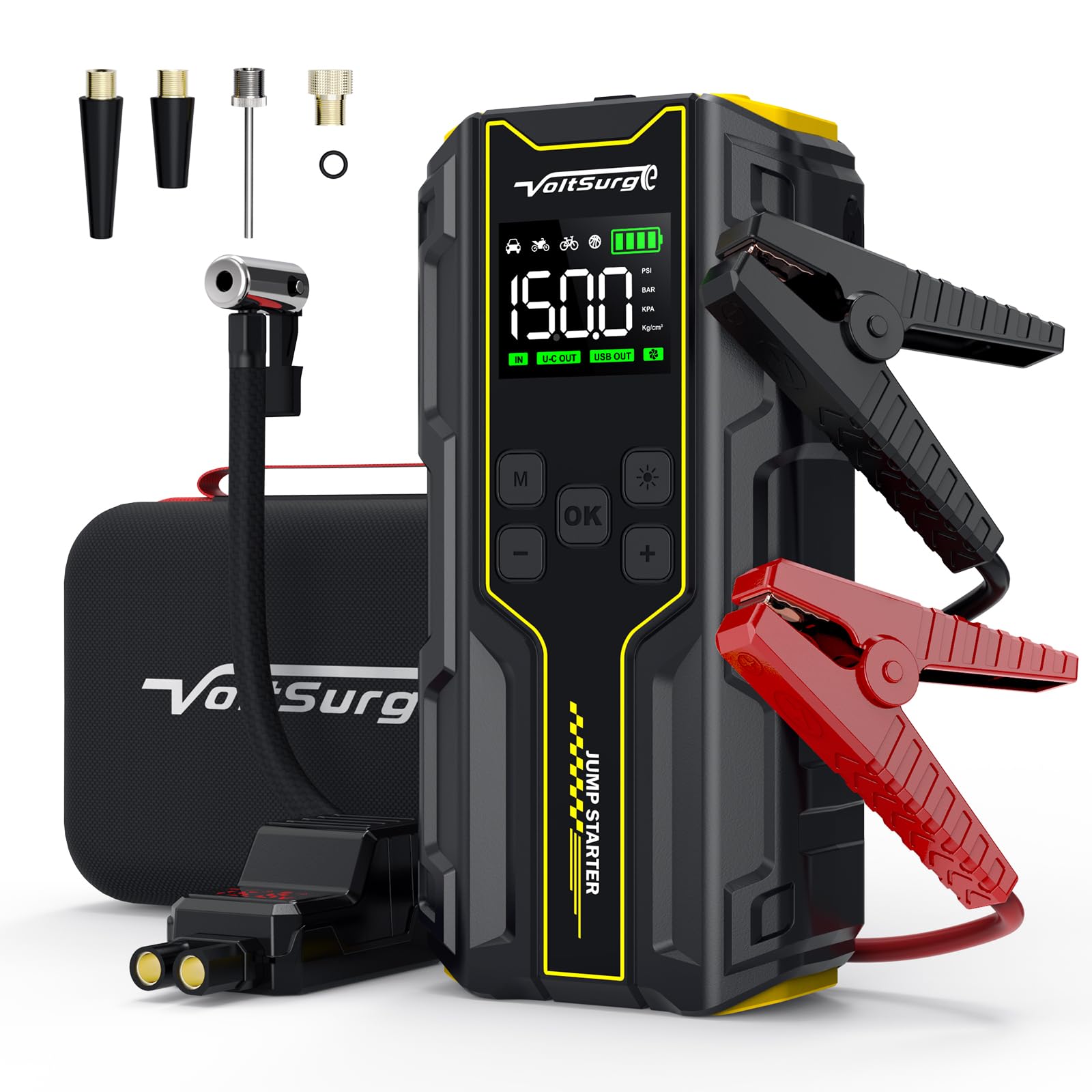 Auto Starthilfe Powerbank mit Luftkompressor, 150PSI 4000A Spitzenstrom Starter Powerbank für 10.0L Benzin und 8.0L Dieselmotor, Tragbare Starter Powerbank mit LED Taschenlampe von VoltSurge