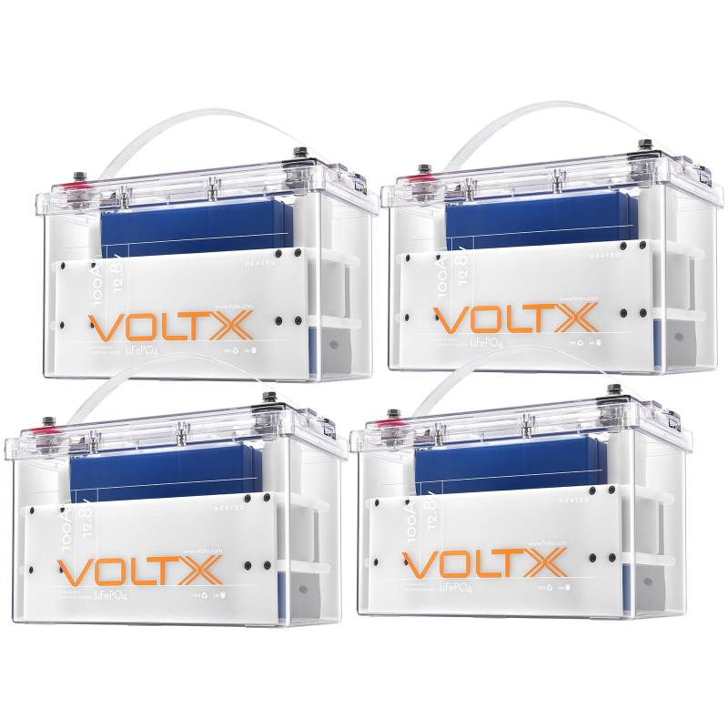 VoltX LiFePO4 100Ah 12V [4 Pack] Lithium Batterie Heizfunktion 100A BMS 5120Wh Kapazität LiFePO4 Akku Deep Cycle mit 4000+ Tiefzyklus für Wohnmobil, Solare Heimanlagen, Camping, Boot von VoltX