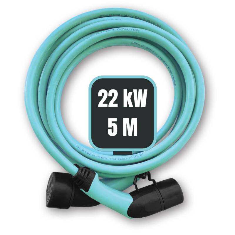 Volti Typ 2 Ladekabel für Hybrid & Elektroauto 22 kW | 32A 3 Phasig | 5M | Mode 3 Ladegerät mit Tragetasche Kompatibel mit Model 3, e-Up, ID.3, EQ fortwo, Zoe, Kona von Volti