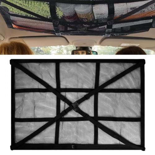 Volumoon Dachnetz Auto 90x65cm, Netztasche Auto, Gepäcknetz Auto Dachhimmel, Universal Aufbewahrungsnetz, Autodach Gepäcknetz Decke, mit 2 Haken, für Vier Dacharmlehnen Auto die meisten Fahrzeugtypen von Volumoon