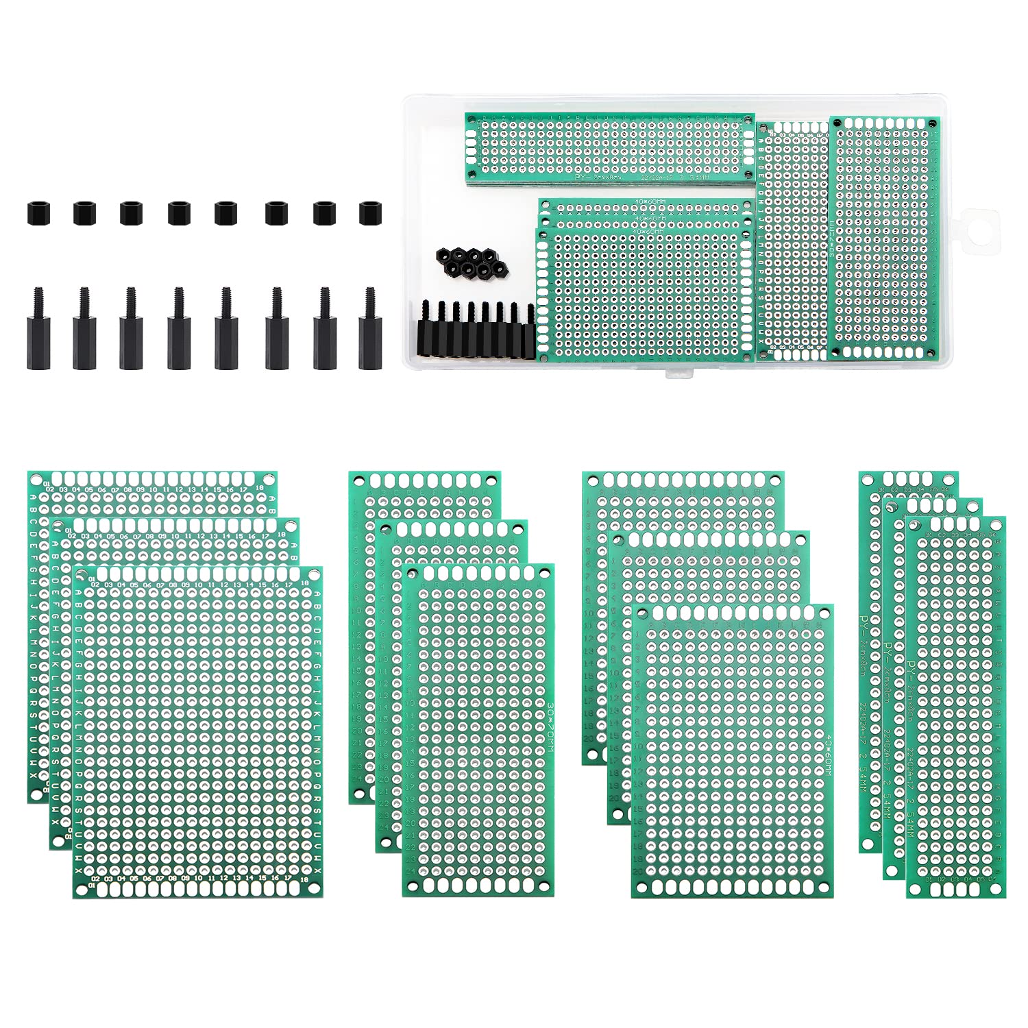 VooGenzek 20 Stück PCB Board Kits, 12 Stück Doppelseitige Leiterplatten Prototypkarten + 8 Stück Nylonsäule von VooGenzek