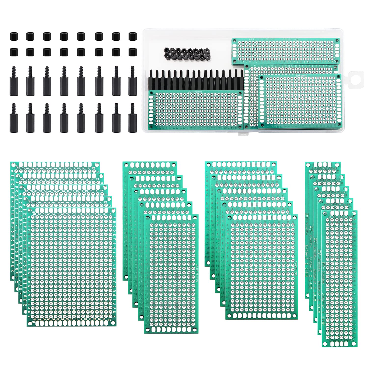 VooGenzek 36 Stück PCB Board Kits, 20 Stück Doppelseitige Leiterplatten Prototypkarten + 16 Stück Nylonsäule von VooGenzek