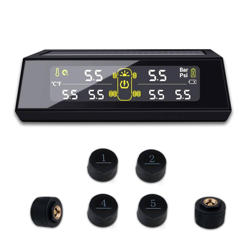 Vtopek Reifendruckkontrollsystem Wohnmobil 7 Alarmmodi 6/4/2-Rad-Modu TPMS 8Bar Reifendrucküberwachungssystem mit 6 Reifendrucksensor Wireless Solar TPMS Auto 10M Transferentfernung für Van RV LKW von Vtopek