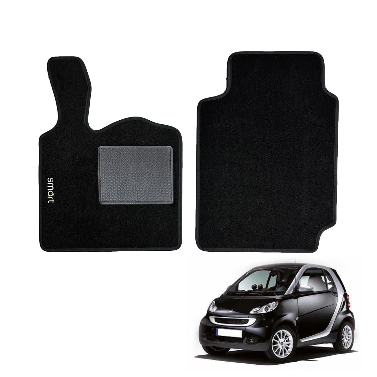 W-Parts Serie 2 Fußmatten - Schwarze, rutschfeste Teppichmatten für Smart Fortwo 451 (2007-2014) mit eingenähtem Absatzschoner und Anti-Rutsch-Streifen von W-Parts