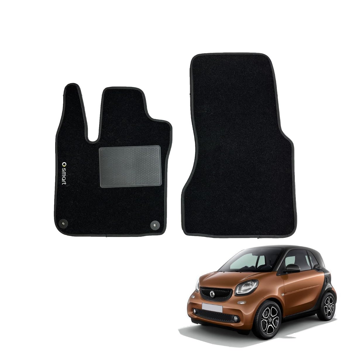 Serie 2 Fußmatten - Schwarze Fußmatten für Smart Fortwo 453 ab 2014 mit angenähtem Absatzschoner, Befestigungsknöpfe und rutschfestem Streifen von W-Parts