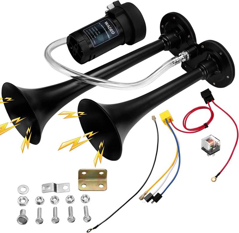 WADEO 118dB Drucklufthorn LKW Hupe 12V, Lufthorn Doppelrohr Horn, Chrom Zink Dual Trumpet Air Horn mit Kompressor für alle 12V Fahrzeuge LKW Zug Auto Van Boot Motorrad usw. (Schwarz) von WADEO