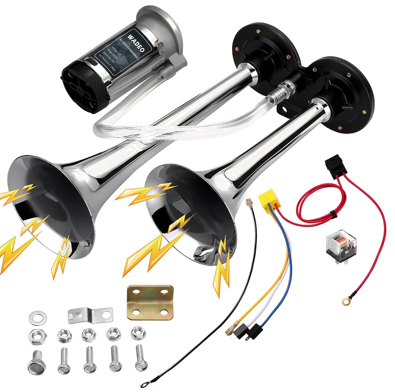 WADEO 12V 108dB Drucklufthorn Lufthorn, LKW Hupe, Doppelrohr Horn, Chrom Zink Dual Trumpet Air Horn mit Kompressor für alle 12V Fahrzeuge LKW Zug Auto Van Boot Motorrad (Silber) von WADEO