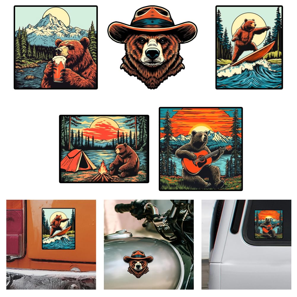 WADORN 5 Stile Bär Vinyl Aufkleber Aufkleber Camping Bär Aufkleber Vinyl Aufkleber Farbenfrohe Wildtiere Reflektierend Wasserdicht Autofenster Aufkleber Für Fenster Autos LKWs Skateboards Tassen von WADORN