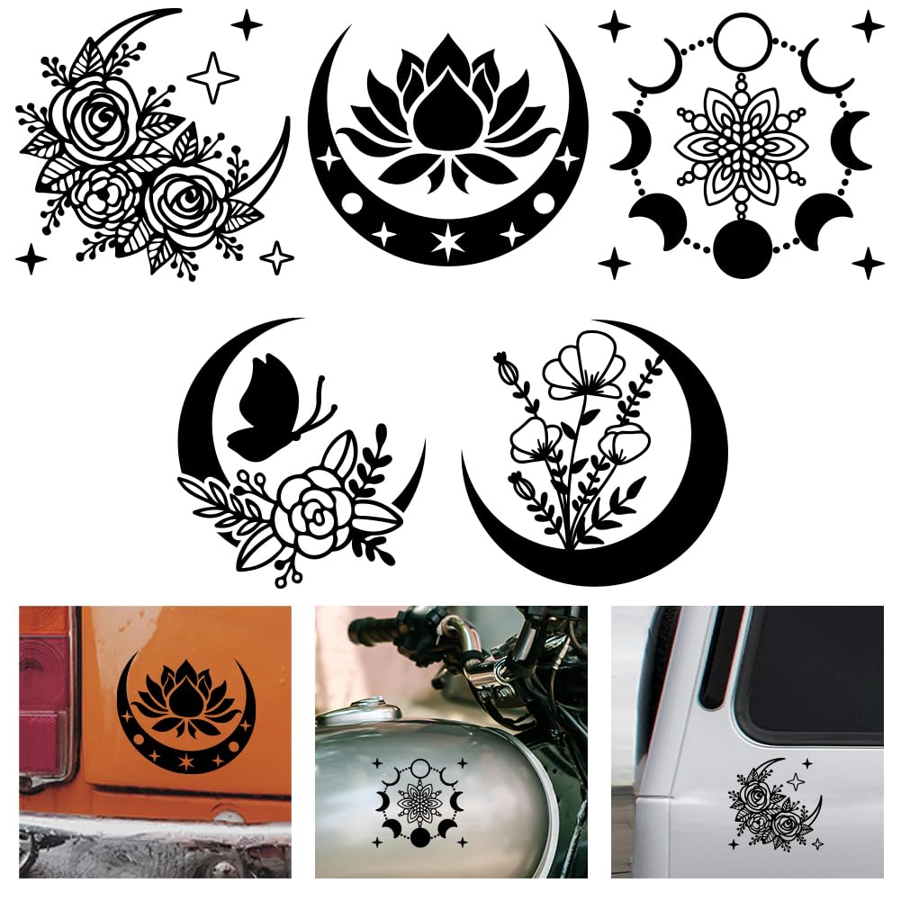 WADORN 5 Stile Mondblume Vinyl Aufkleber Boho Moon Auto Vinyl Aufkleber Mond Blumen Schmetterlinge Reflektierende wasserdichte Autofensteraufkleber Für Autos LKWs Skateboards Tassen Laptops von WADORN