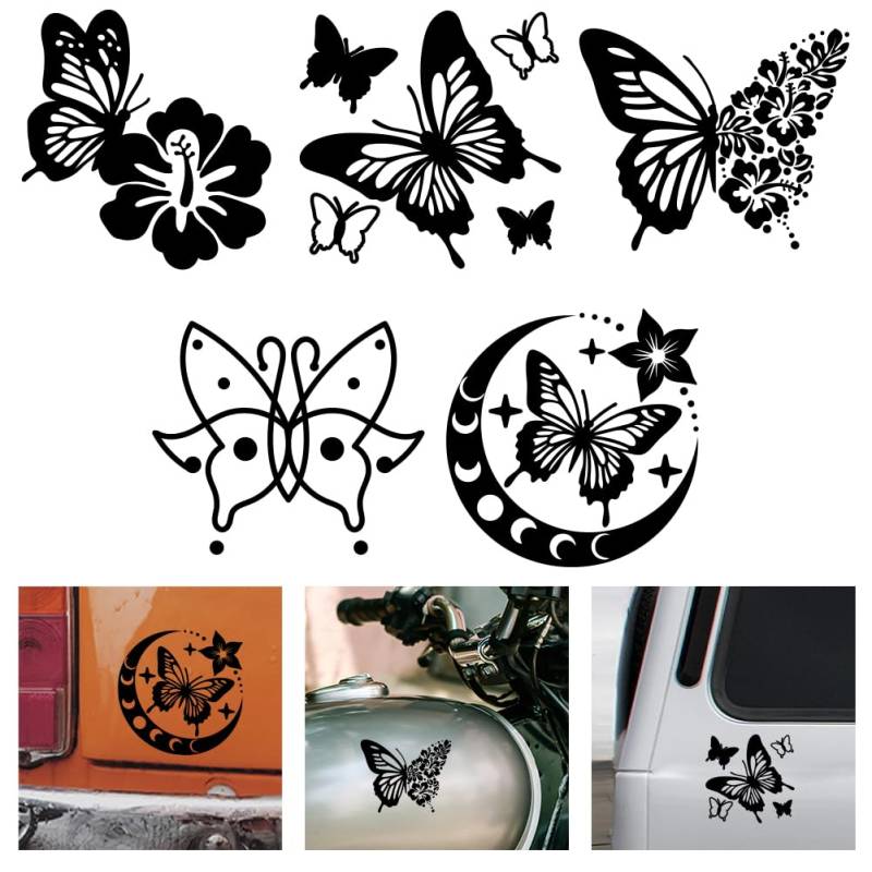 WADORN 5 Stile Schmetterling Vinyl Aufkleber Boho Schmetterling Vinylaufkleber Fürs Auto Schmetterlinge Blumen Mond Reflektierend Wasserdicht Autofensteraufkleber Für Autos LKWs Skateboards von WADORN