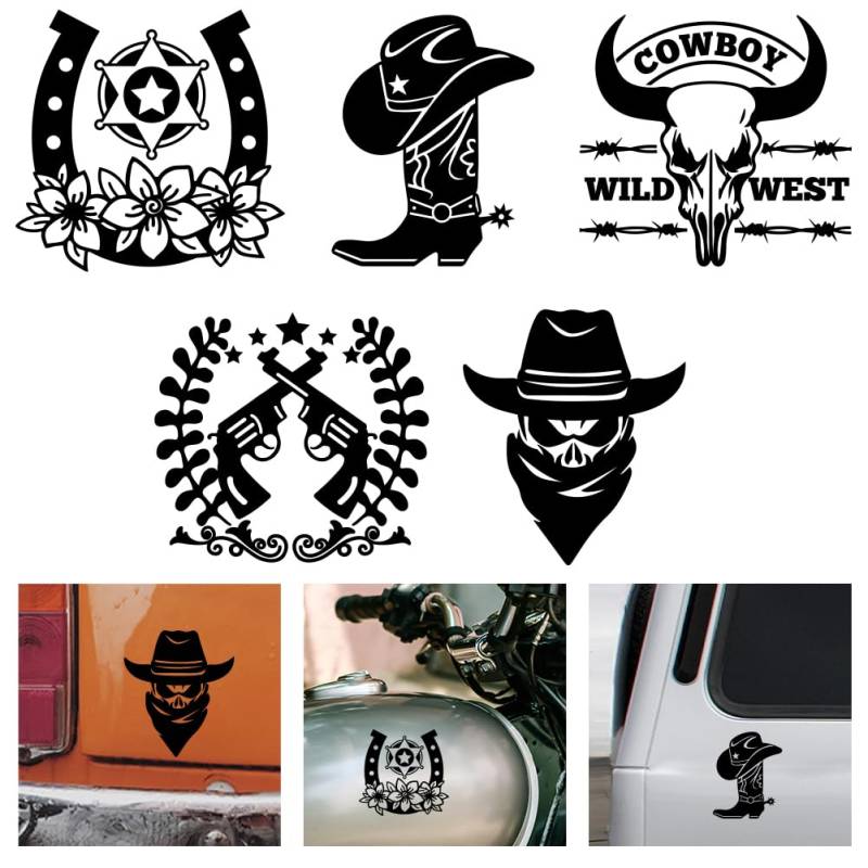 WADORN 5 x Cowboy Autoaufkleber. Vinyl Aufkleber „Wild West“ Cowboystiefel Und Hut Reflektierend Wasserfest Dekorative Vinyl Autofensteraufkleber Für Stoßstangenfenster Autos LKWs Laptops von WADORN