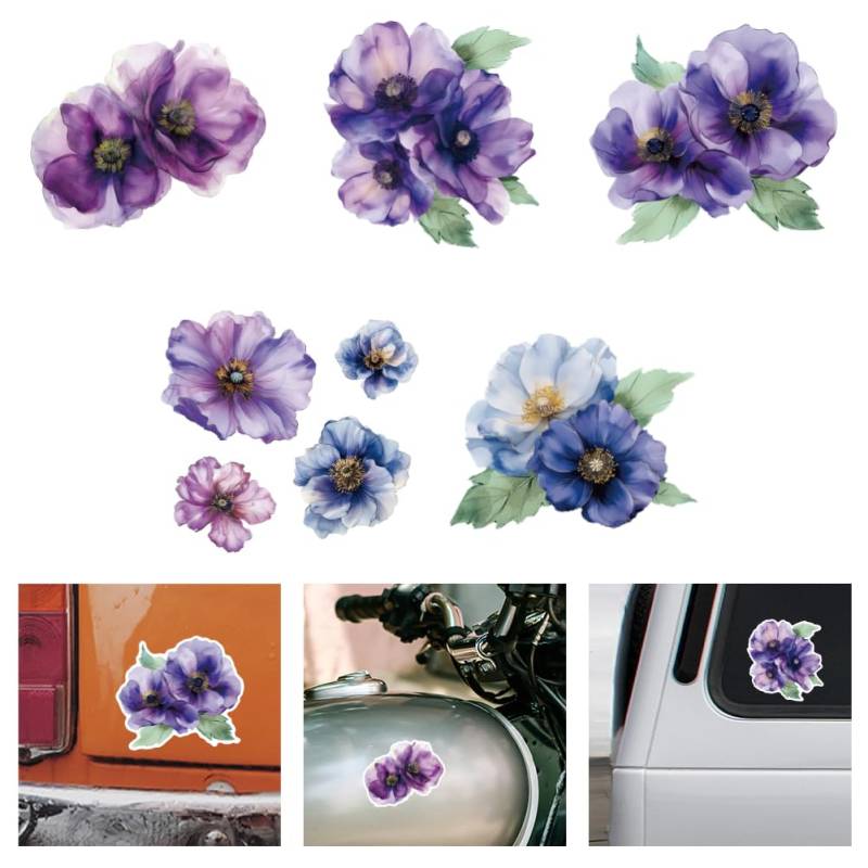 WADORN 5 x Vinyl Aufkleber Mit Mohnblumen Motiv Aquarellmotiv Fürs Auto Aufkleber Mit Mohnblumenmotiv Lila Blume Reflektierend Wasserfest Autofensteraufkleber Für Fenster Autos LKWs Stoßstangen von WADORN