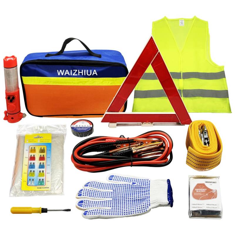 WAIZHIUA 12Pcs Car Emergency Tool Kit, Europe Roadside Assistance Auto Safety Kit Autopannen-Kit mit Warndreieck, Warnweste, Abschleppseil, Auto Safety Hammer, Aufbewahrungstasche von WAIZHIUA