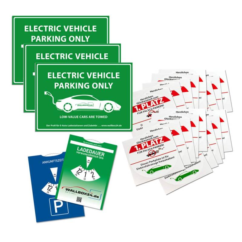 Wallbox24 Parkplatzset 2X Parkscheibe + 3X E-Fahrzeugparkplatz +20x Falschparker Aufkleber Zubehör Elektromobilität von WALLBOX24.de DER E-PROFI...