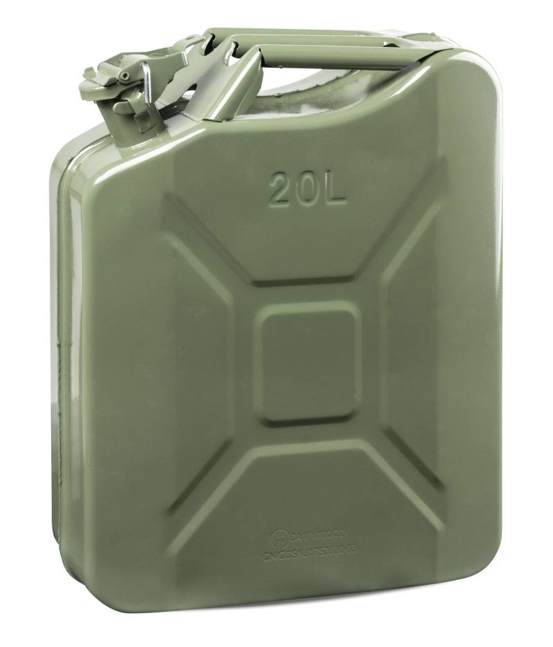 Benzinkanister Metall 20 Liter, Kraftstoffkanister, UN-zertifizierter Diesel Kanister mit Sicherheitsverschluss 3A1 olivegrün, 46x37x16 cm von WALSER