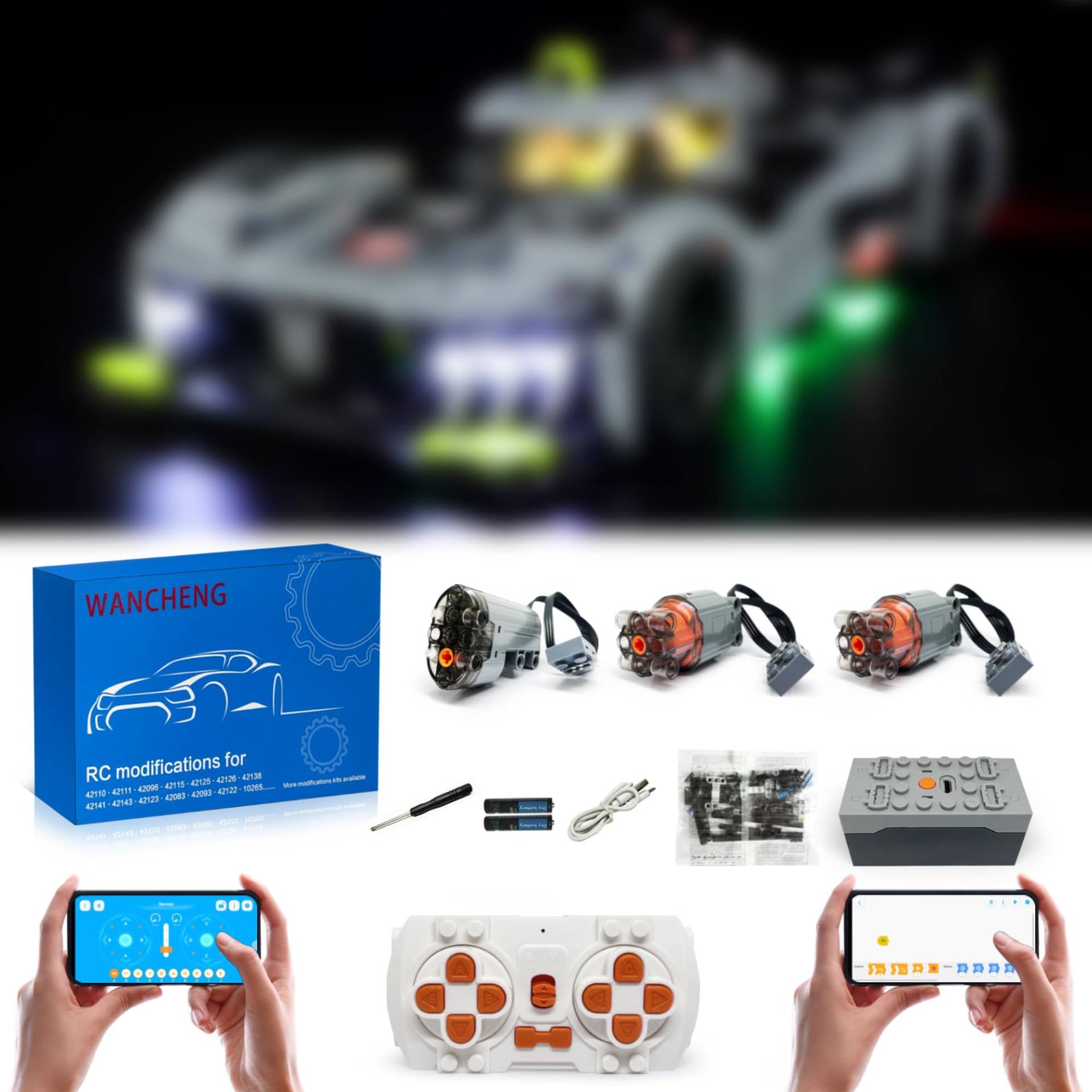 Für Lego 42156 Peugeot 9X8 24H Le Mans Hybrid Hypercar, mit LED Licht-Set, Fernbedienung und 3 Motor, Upgrade Zubehör Set (Modell Nicht Enthalten) von WANCHENG