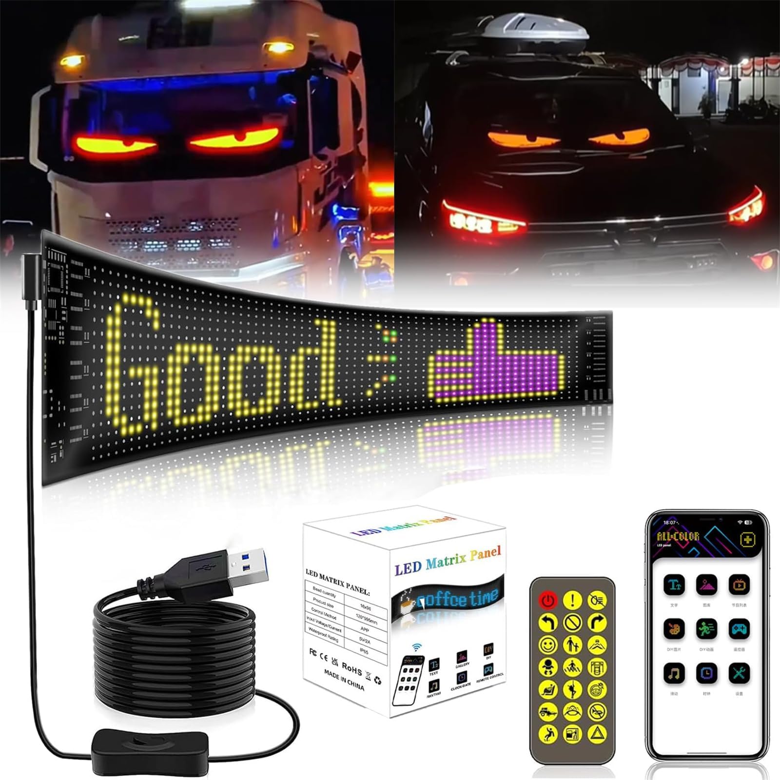 Colorful Eye Lamp Soft Screen for Car Windows, DIY Car Dynamic LED Smart Colorful Eye Lamp Soft Screen, Car Programmable Flexible LED Sign Custom Text Pattern Animation Scrolling Display (9.2*37.4CM) von WANWEN