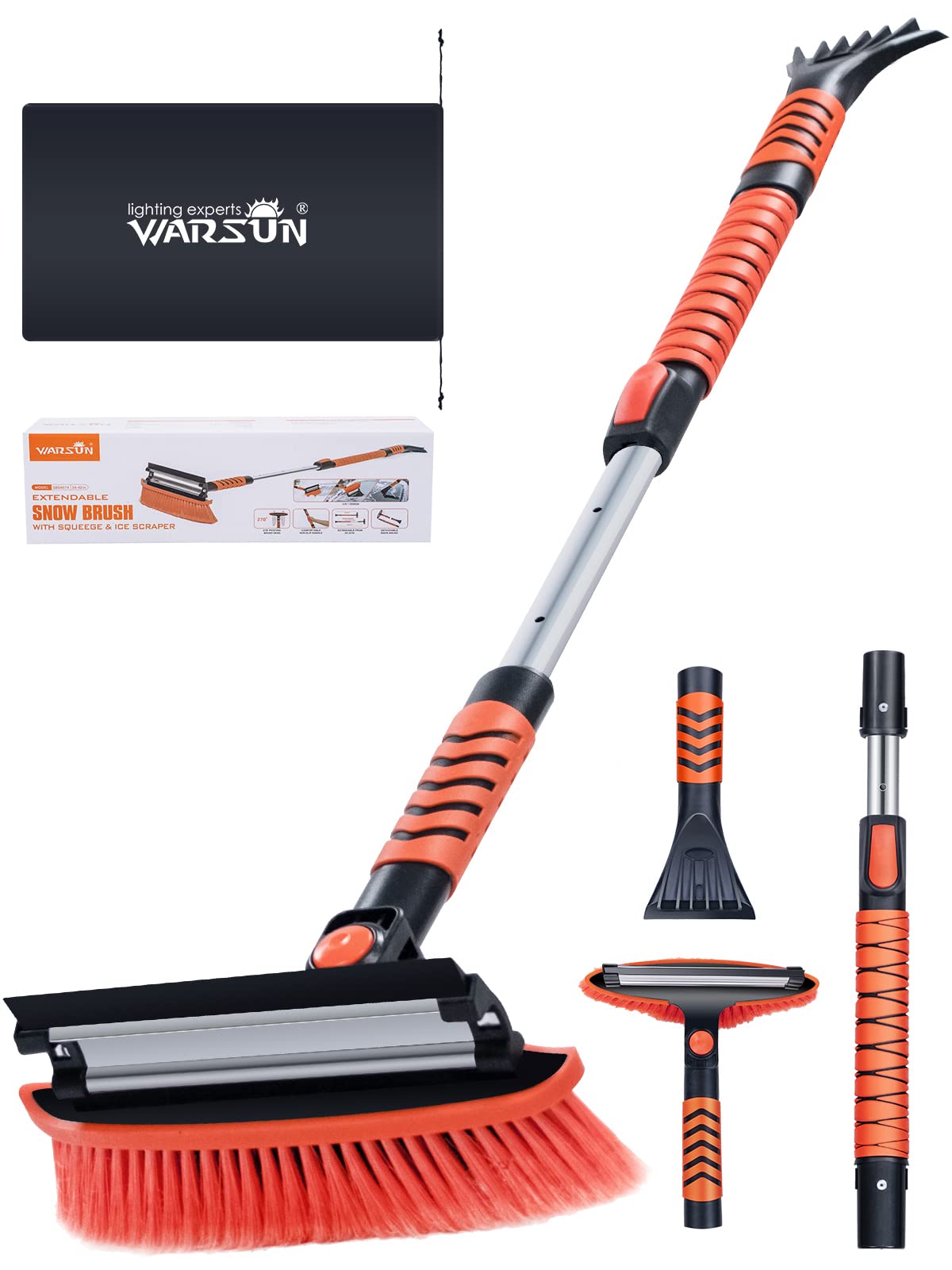 WARSUN Eiskratzer Auto mit Besen 3in1 Schneebesen 270° Schwenkbar Dehnbar Abnehmbar Komfort Soft-Griff rutschfest Teleskopstange Länge 86-106CM 04674 Orange von WARSUN