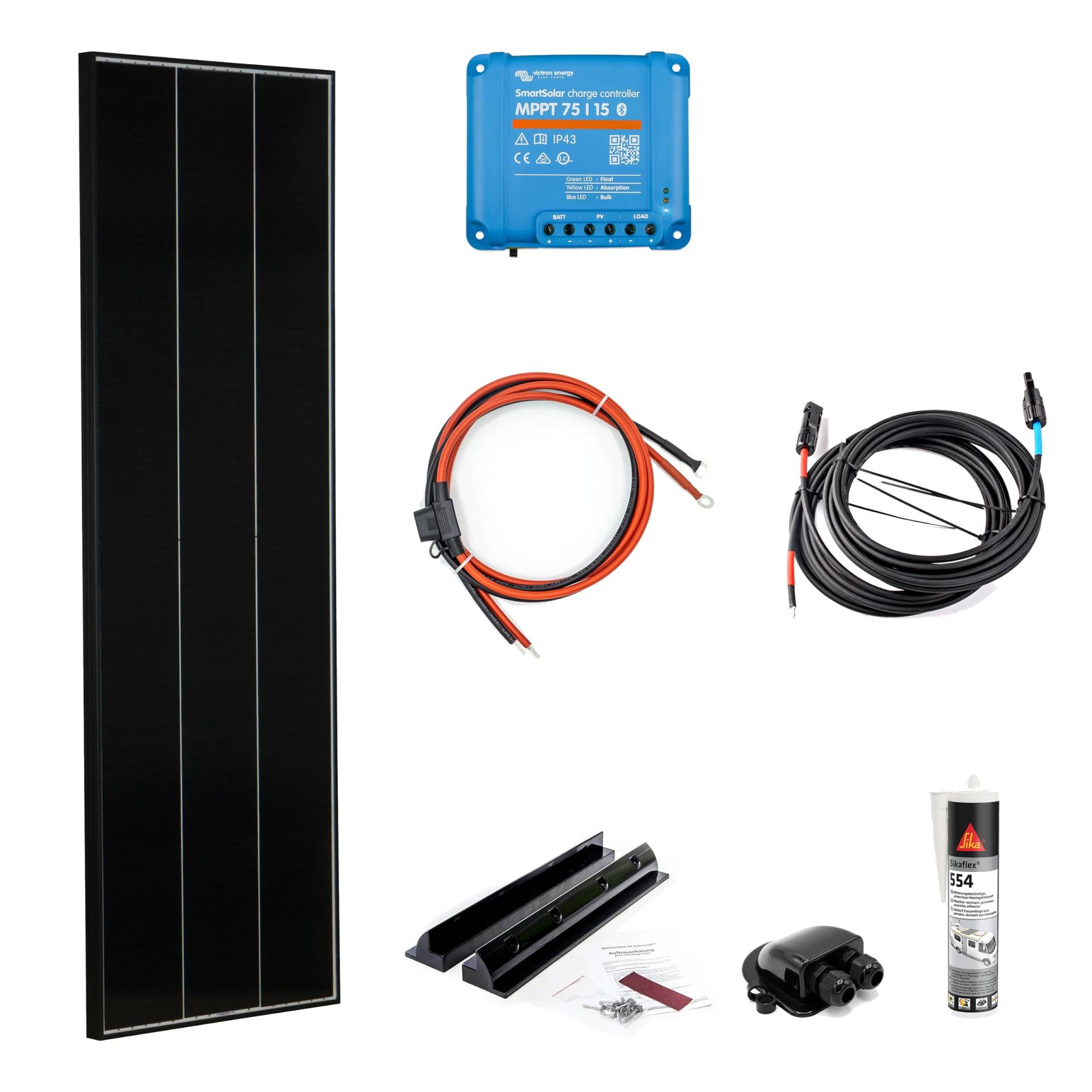 WATTSTUNDE BLACK LINE 165W Set mit Victron MPPT Laderegler - Wohnmobil Solaranlage im Komplettset mit Schindel Zellen (165W) von WATTSTUNDE