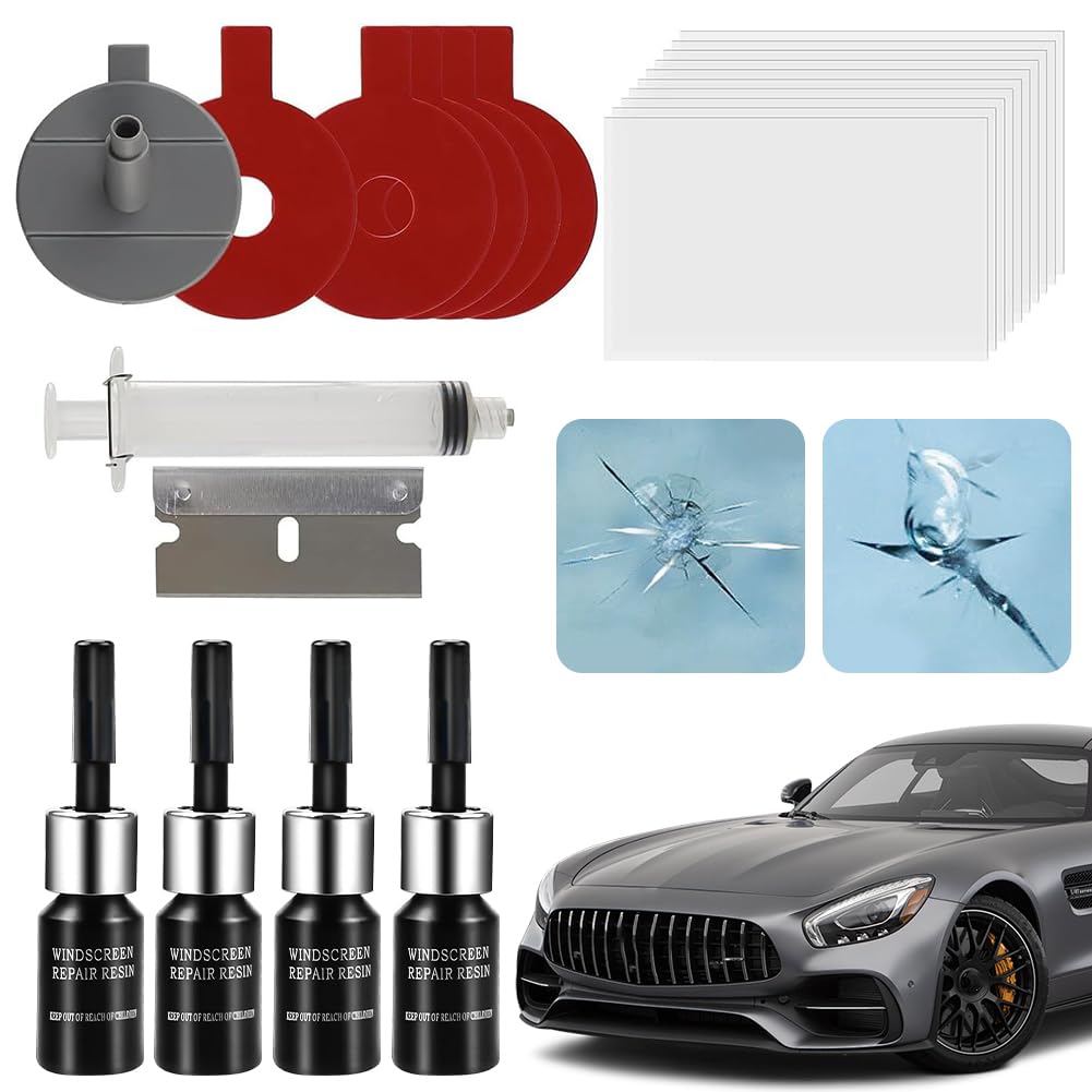 WAVATA Windschutzscheibe Reparaturset, Windshield Repair Kit, Steinschlag Reparaturset Windschutzscheibe, 4er-Pack Glas Reparatur Set zur Reparatur von Kratzern, Löchern, Spinnennetzen, Rissen von WAVATA