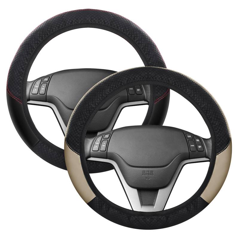 WD&CD 2 Stück Lenkradbezug Auto Schwarz + Beige Schwarz, Lenkradschutz in Universal Größe 37-38 cm Autozubehör Innenraum von WD&CD