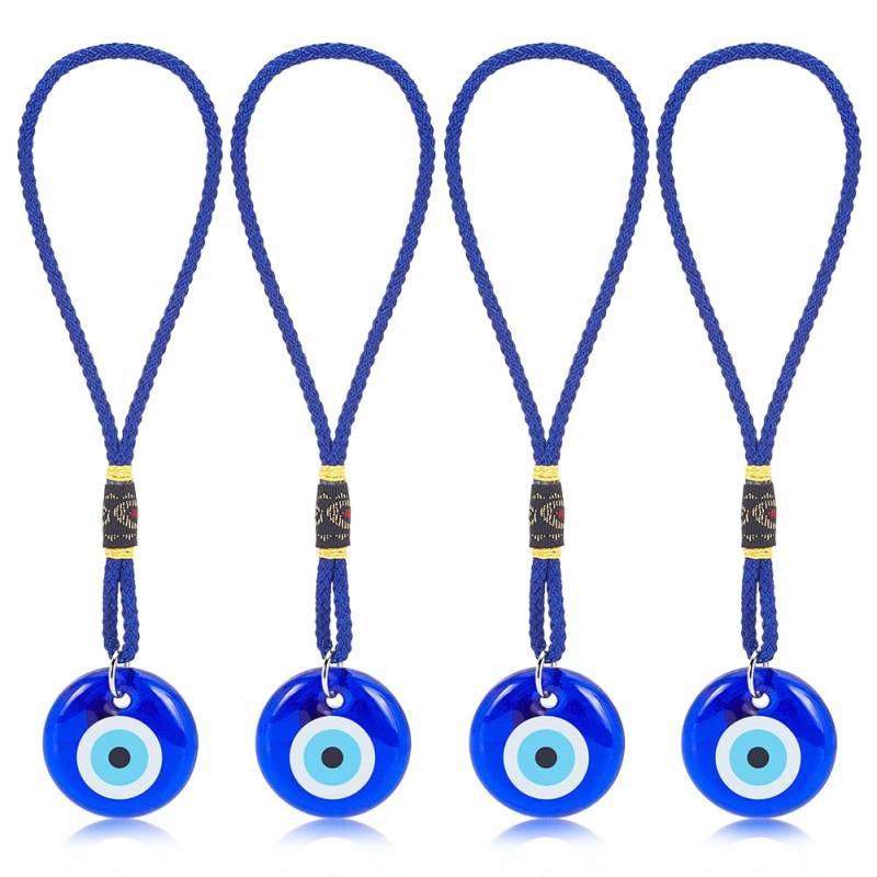 WEBEEDY 4 Stück Evil Eye Auto-Hängeornament Auto-Amulett, Dekor 3 cm blaue Evil Eye-Kristallperlen Schutz Segen Zuhause Wandbehang Für Auto, Rückspiegel, Fenster, Zimmertür, Weihnachten von WEBEEDY