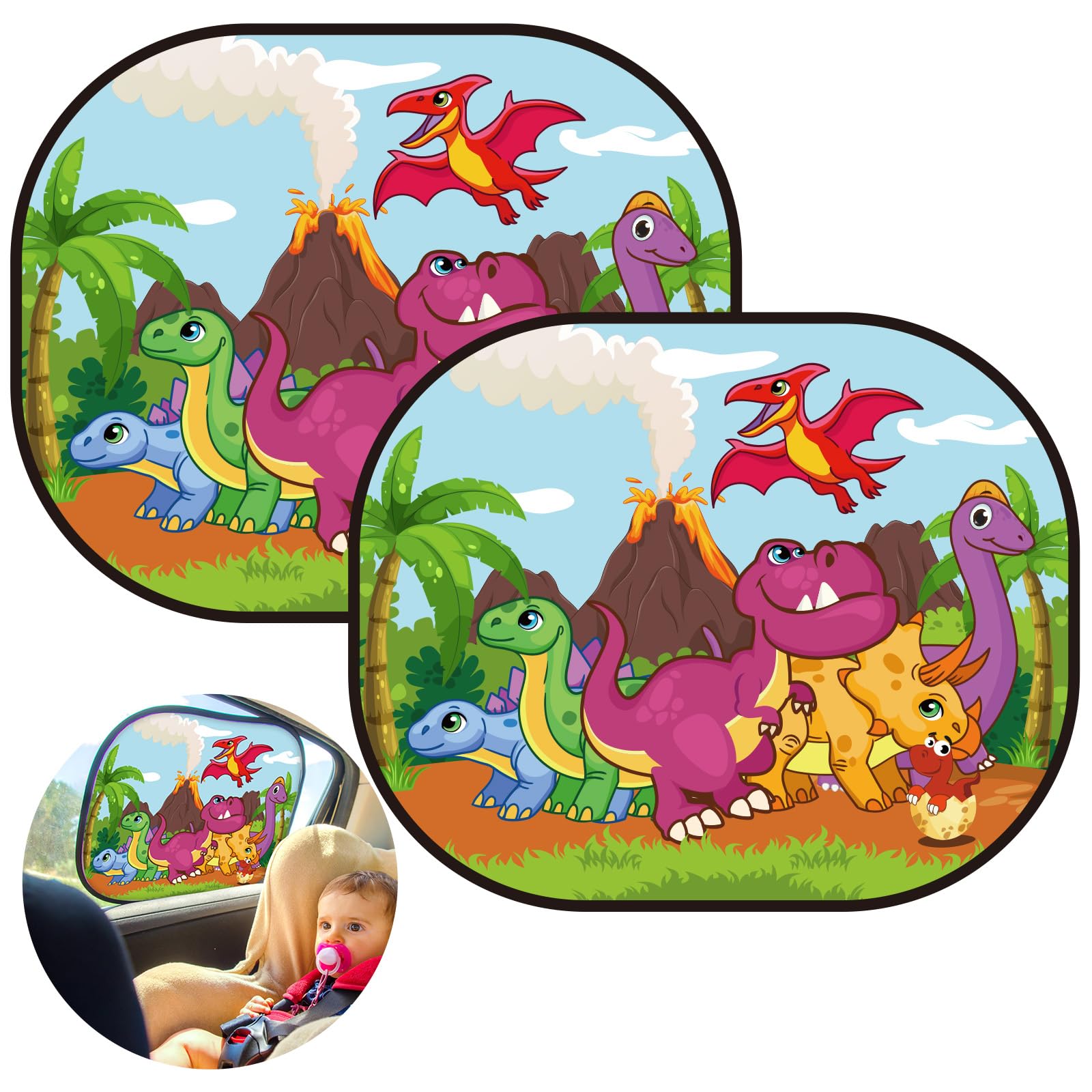 WEDNOK 2 Stück Auto Sonnenschutz Baby Dinosaurier Auto Fenster Seitenscheibe Sonnenschutz UV Schutz Autofenster Faltbar Sonnenblende mit Saugnäpfen für Kinder Auto Innen Sonnenschutz, 43,5x36,2cm von WEDNOK