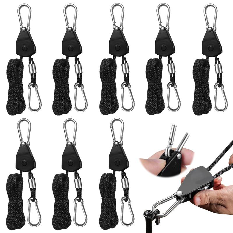 WEGREAT 1/8 Zoll 2M Verstellbarer Seilaufhänger: 8 Stück Seil Ratsche, Heavy Ratchet Hanger, Seilzugratsche, Rope Ratchet, Umlenkrolle Aufhänger für Pflanzenlampe, Zimmerpflanzen, Lampenaufhängung von WEGREAT