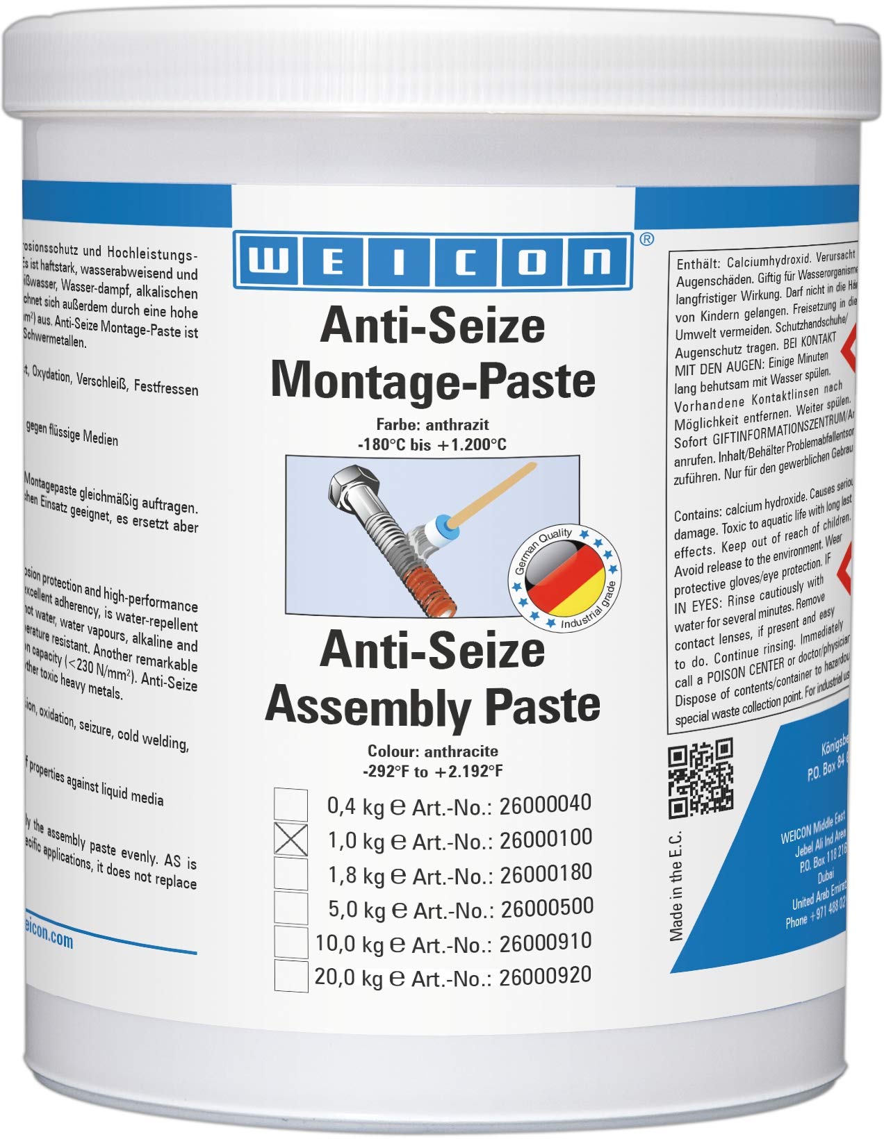 WEICON Anti-Seize Montagepaste 1 kg hitzebeständiger Schutz gegen Korrosion, Festfressen und Verschleiß von WEICON