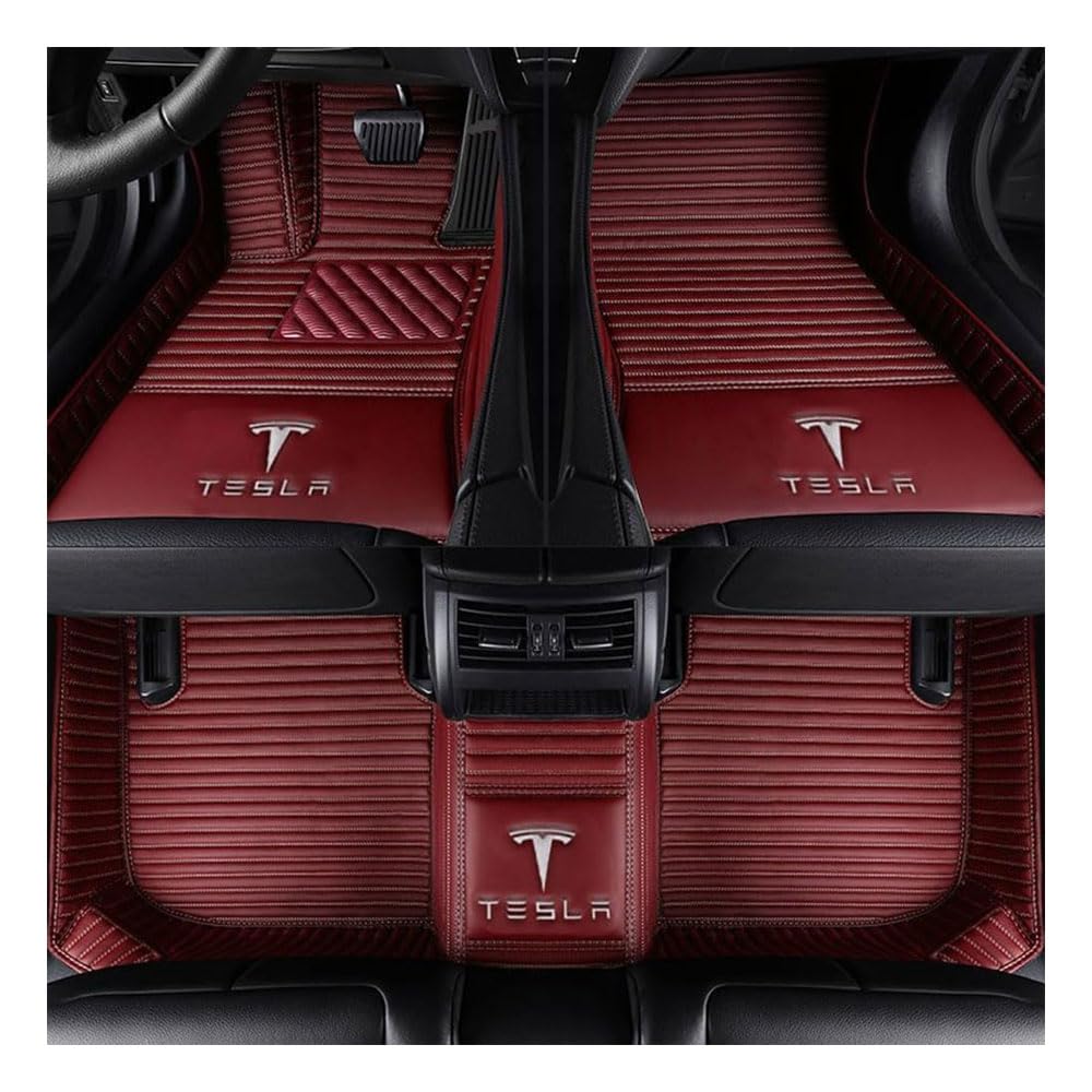 Auto Fußmatten für Tesla Model X(5seats) 2015-2020, PU Leder Vollbedeckter Schutz Wasserdicht rutschfest Autoteppich Komplett Innenraum Zubehör,A/Red von WEIHUANB