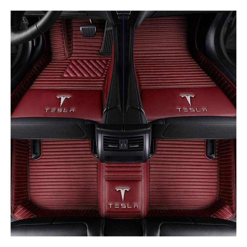 Auto Fußmatten für Tesla Model X(5seats) 2015-2020, PU Leder Vollbedeckter Schutz Wasserdicht rutschfest Autoteppich Komplett Innenraum Zubehör,A/Red von WEIHUANB