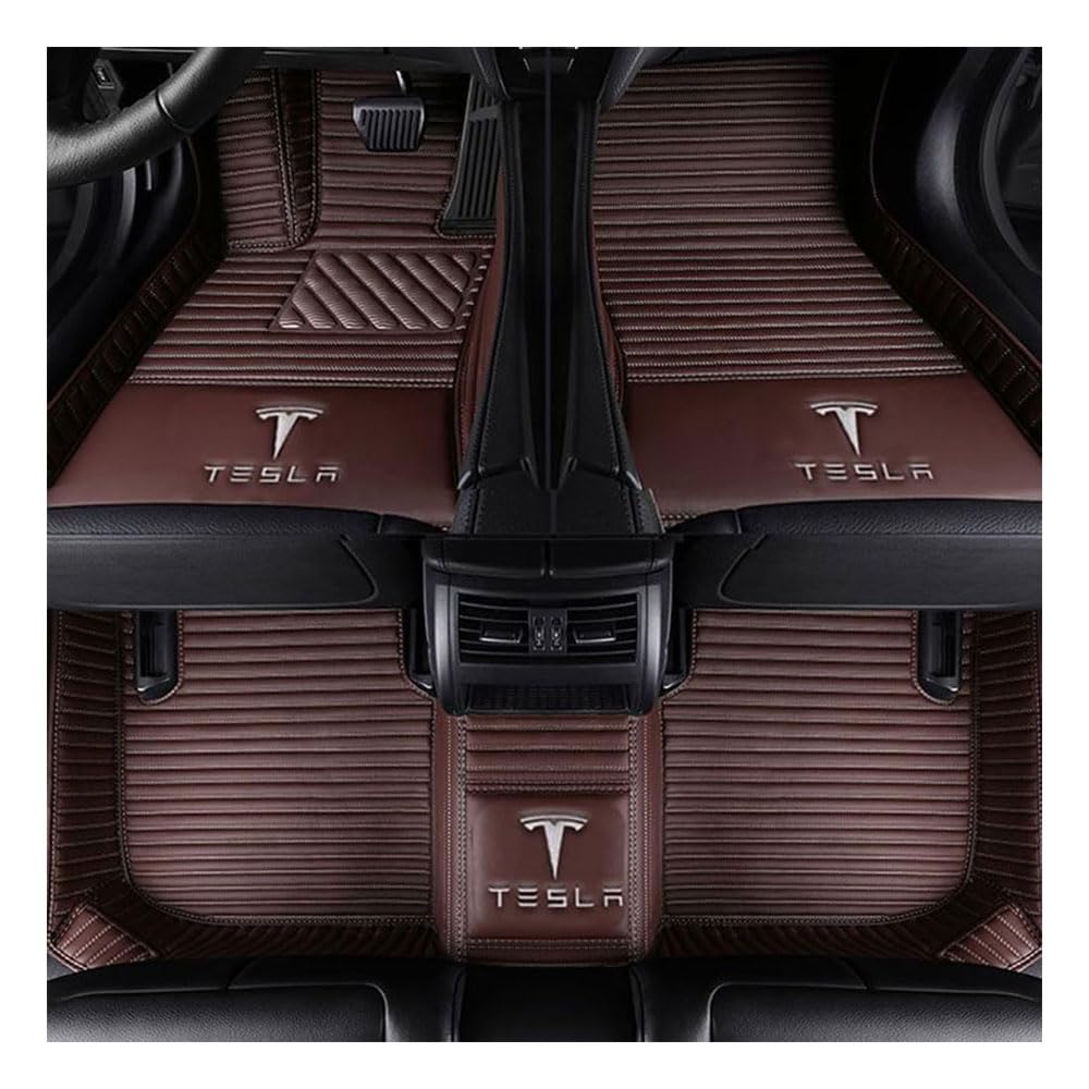 Auto Fußmatten für Tesla Model X(5seats) 2015-2020, PU Leder Vollbedeckter Schutz Wasserdicht rutschfest Autoteppich Komplett Innenraum Zubehör,B/Brown von WEIHUANB