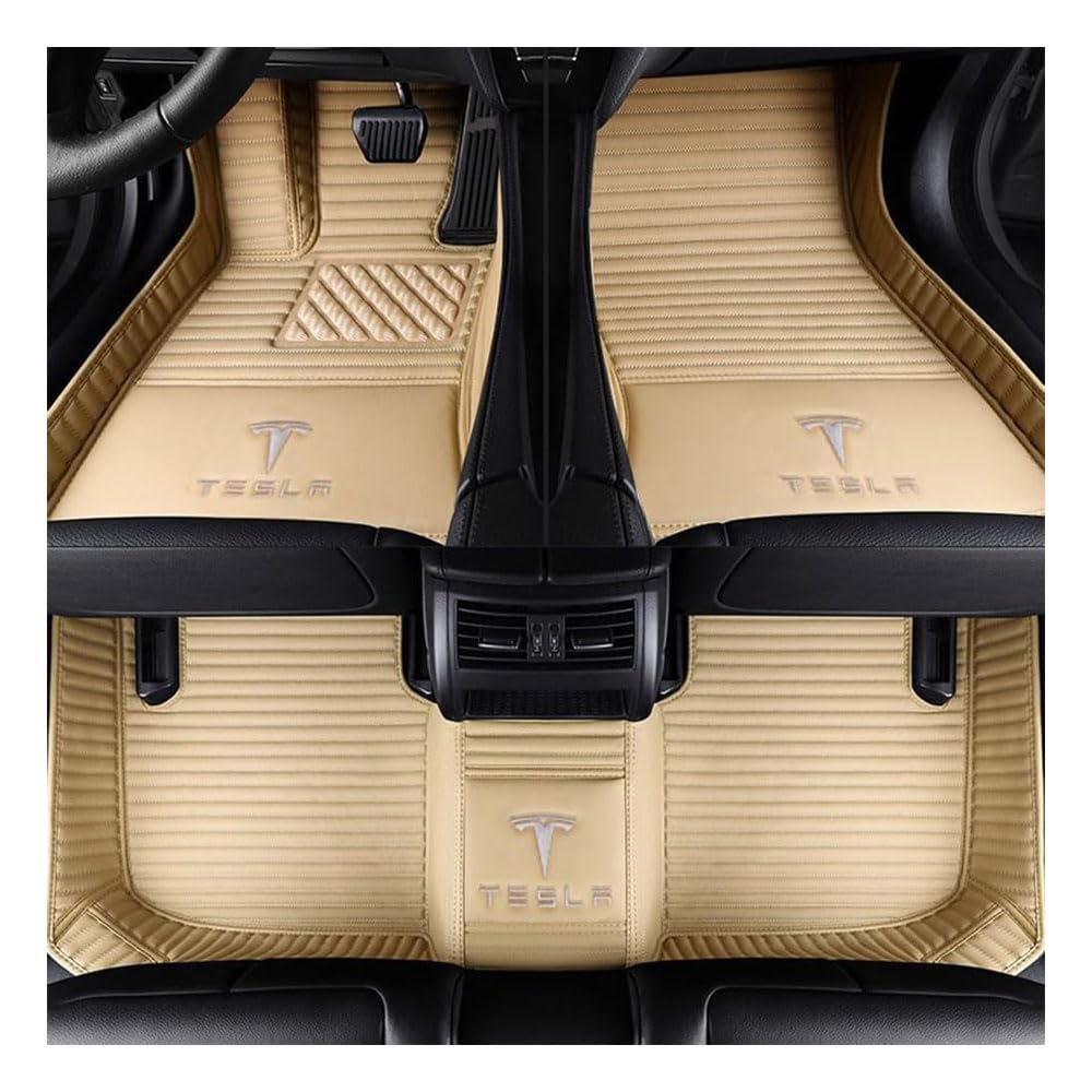 Auto Fußmatten für Tesla Model X(5seats) 2015-2020, PU Leder Vollbedeckter Schutz Wasserdicht rutschfest Autoteppich Komplett Innenraum Zubehör,D/Beige von WEIHUANB