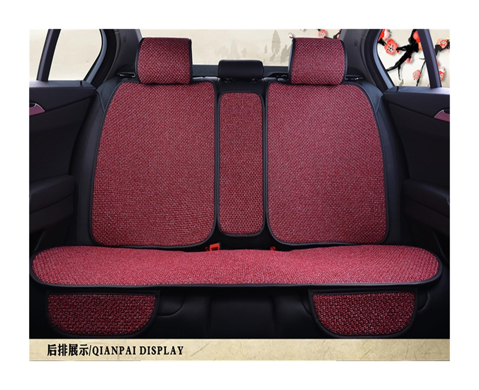 WEINUANXIN Auto Schonbezüge Sommer-Leinen-Autositzbezug-Schutz, Flachs, Vorder- und Rücksitzlehne, Kissen, Matte, Rückenlehne.(rot,1xRear Seat Covers) von WEINUANXIN