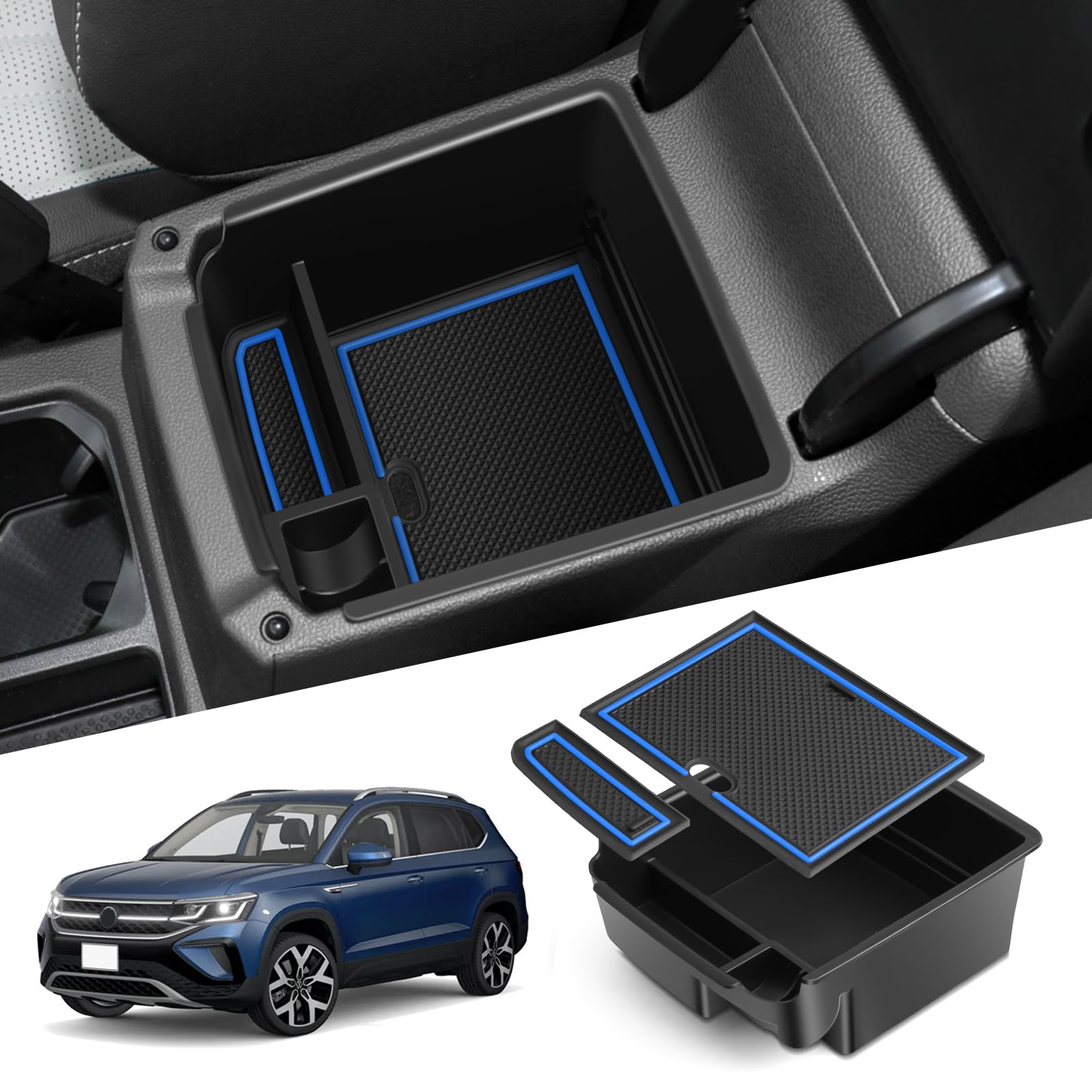 WEIPIN Kompatibel mit VW Tiguan MK2 AD1 2016-2022 2023 Mittelkonsole Armlehne Aufbewahrungsbox Zubehör Mittelarmlehne Organizer Tray, Multifunktionaler Handschuhfach mit Rutschfester Matte(Blau) von WEIPIN