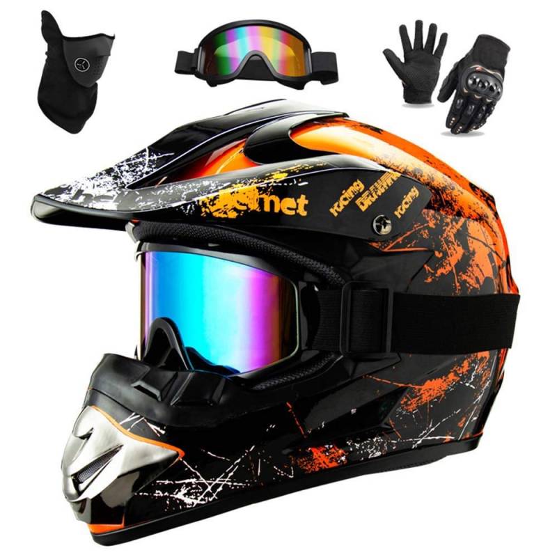 WEITY Motocross Helm Set mit Brille Handschuhe Gesichtsmaske, für Kinder und Erwachsene, Full Face AVT MX Motorradhelm für Downhill Offroad Enduro Scooter Sport tification (Orange,L), DSF von WEITY