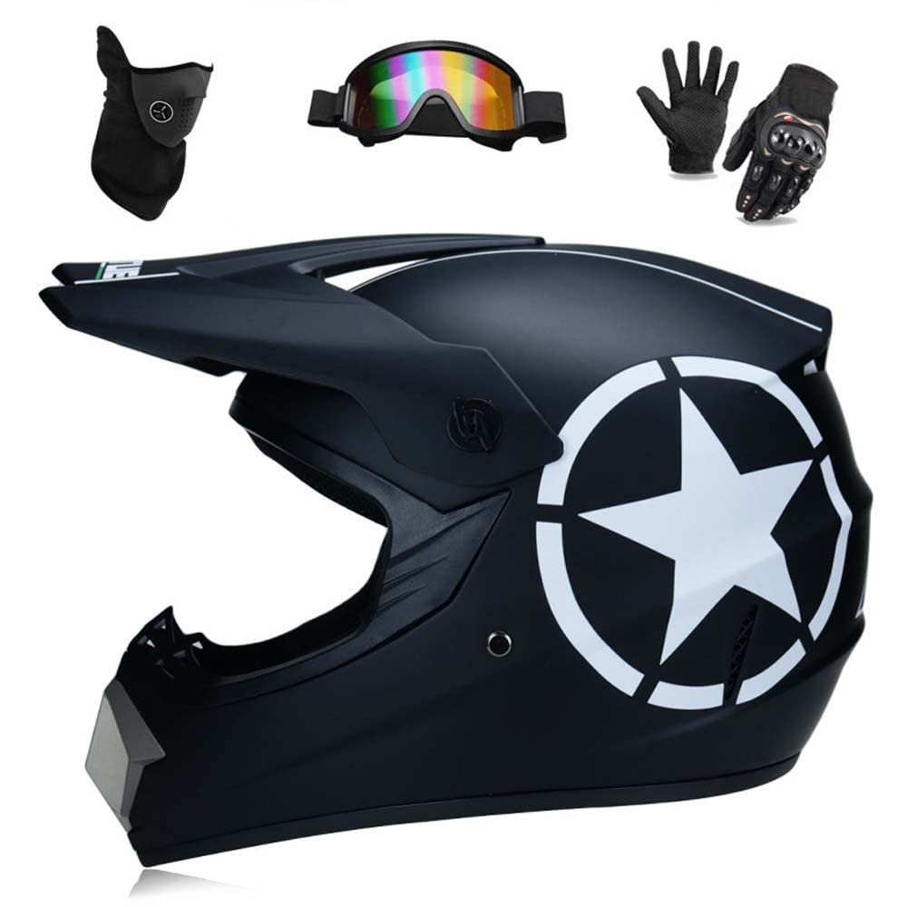 WEITY Motocross-Helm, Brille, Handschuhe, Maske 4-teiliges Set, MTB AVT Motorrad-Crosshelm, DOT-geprüft, geeignet für Erwachsene, Kinder, Männer und Frauen (black five star,S) von WEITY