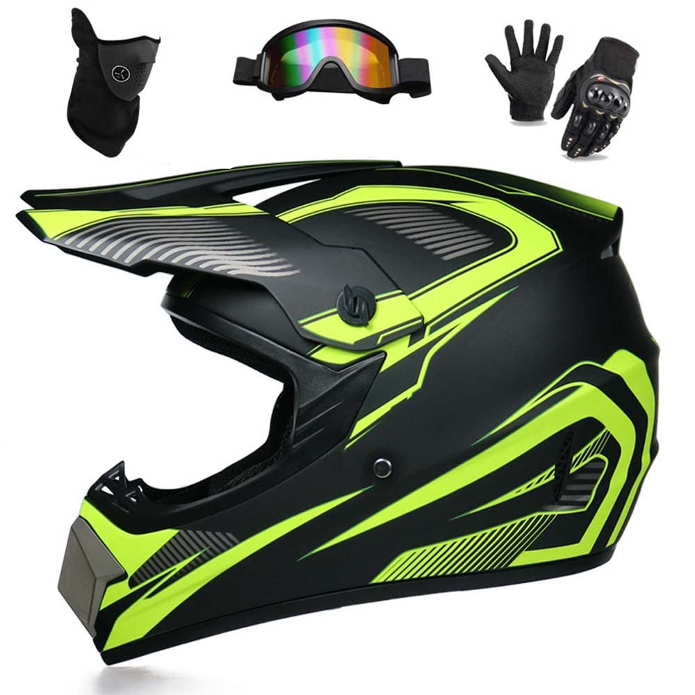 WEITY Motocross-Helm, Brille, Handschuhe, Maske 4-teiliges Set, MTB AVT Motorrad-Crosshelm, DOT-geprüft, geeignet für Erwachsene, Kinder, Männer und Frauen (gelbe Spur,S) von WEITY