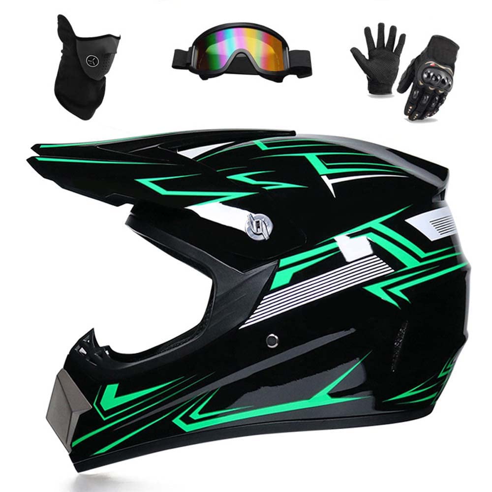 WEITY Motocross-Helm, Brille, Handschuhe, Maske 4-teiliges Set, MTB AVT Motorrad-Crosshelm, DOT-geprüft, geeignet für Erwachsene, Kinder, Männer und Frauen (grüne Linie,S) von WEITY