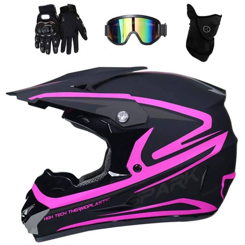 WEITY Fullface Motocross Helm Set mit Brille Handschuhe Maske, Motorrad Crosshelm Pocket Bike Helm Kinder Erwachsener Motorradhelm für MTB Enduro ATV Downhill Sicherheit Schutz, Schwarz und Pink (L) von WEITY