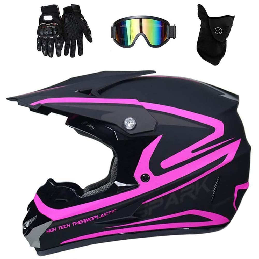 WEITY Fullface Motocross Helm Set mit Brille Handschuhe Maske, Motorrad Crosshelm Pocket Bike Helm Kinder Erwachsener Motorradhelm für MTB Enduro ATV Downhill Sicherheit Schutz, Schwarz und Pink (M) von WEITY