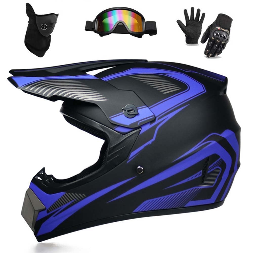 WEITY Motocross-Helm, Brille, Handschuhe, Maske 4-teiliges Set, MTB AVT Motorrad-Crosshelm, DOT-geprüft, geeignet für Erwachsene, Kinder, Männer und Frauen (blue track,L) von WEITY